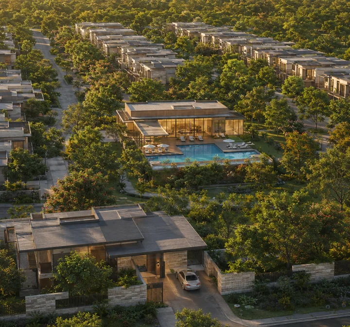 Godrej Soukya Road aerial view of the clubhouse and pool surrounded by row villas
