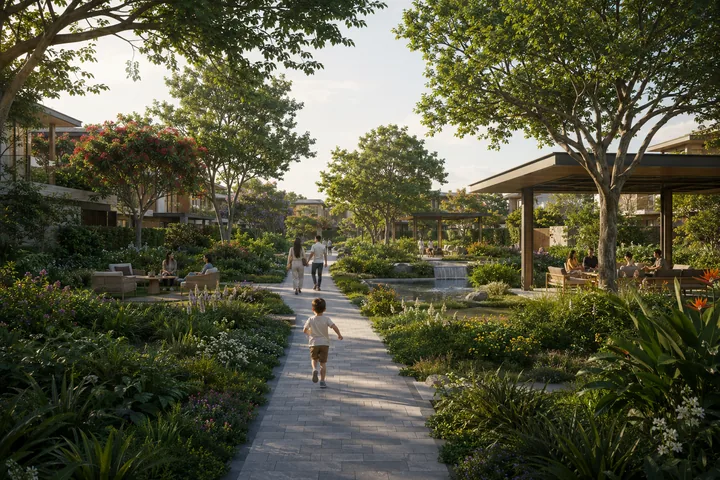 Godrej Soukya Road central landscape spine with residents walking along native planting Godrej Soukya Road central landscape spine with residents walking along native planting